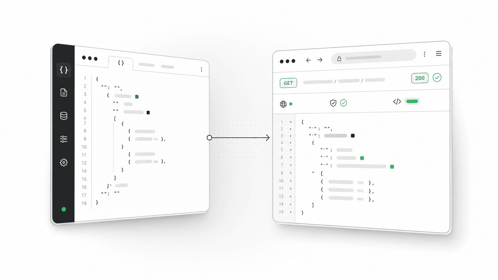A response schema transforming into a live mock API endpoint with a successful JSON response